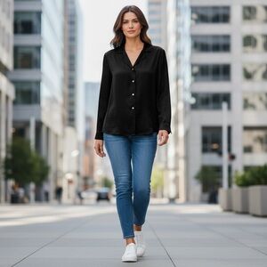 NWT New Vintage Moda International 100% Silk Black Blouse Size M